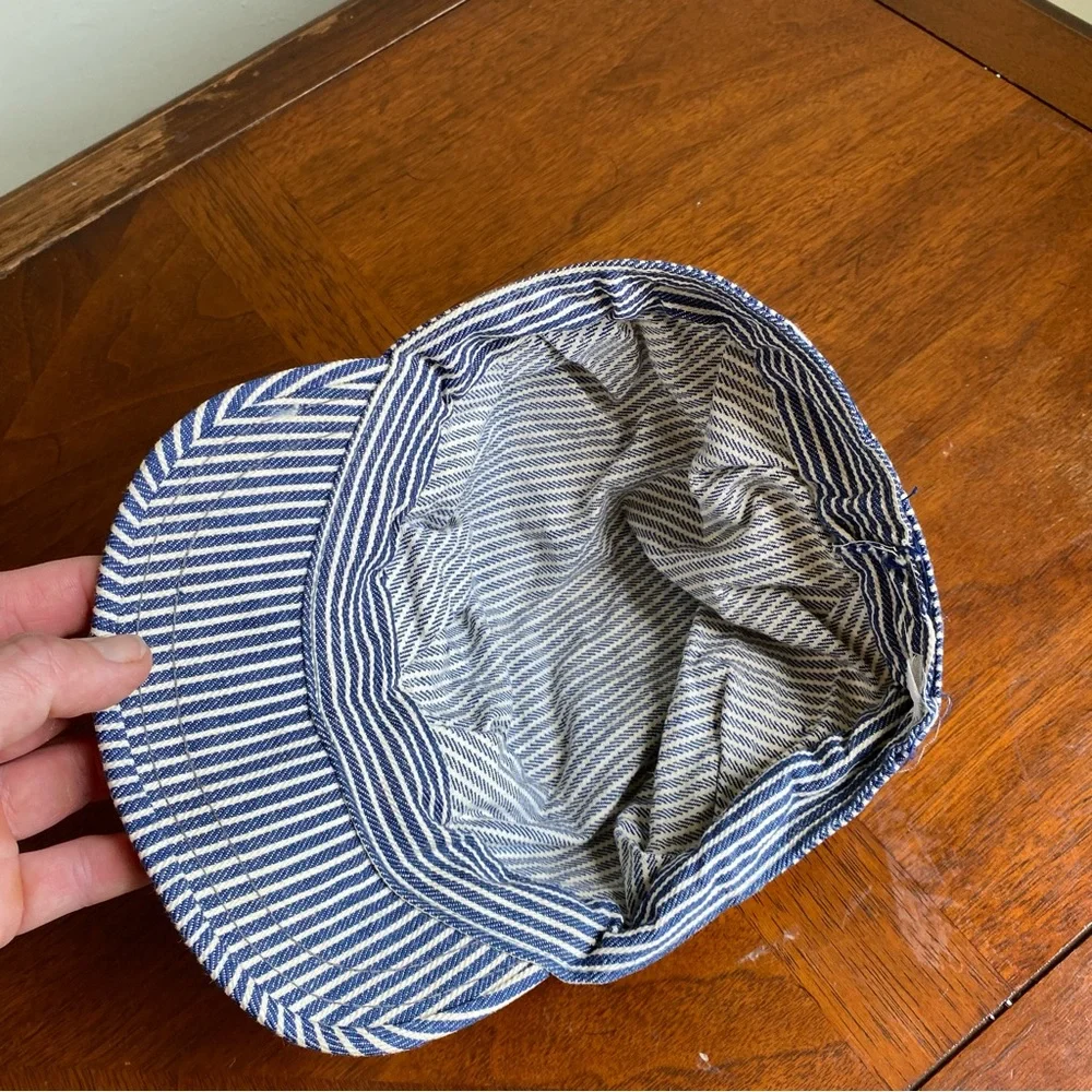 Blue and white striped railroad newsboy style hat - Picture 4 of 6